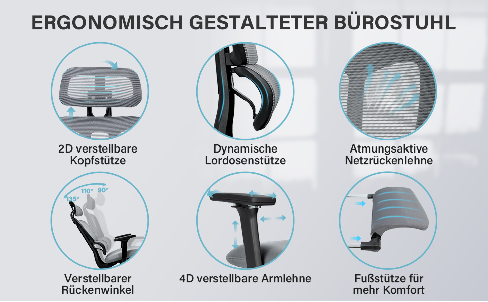 Ергономічне крісло для офісу з підніжкою, висока спинка, 2D-підголівник, відкидні підлокітники, сидіння з губки, сітчастий офісний крісло, крісло для керівника, комп'ютерне крісло для дорослих (сірий)