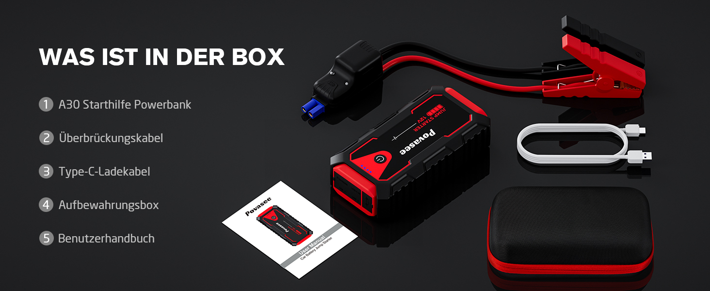 Пусковий пристрій (бустер) Povasee Starthilfe Powerbank 5000A для авто 12V, LCD-дисплей, USB-порти, для бензинових та дизельних двигунів до 10л, червоний