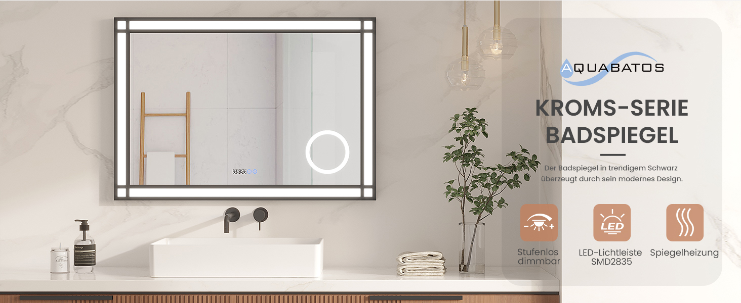 LED дзеркало для ванної кімнати AQUABATOS 50x70 см з підсвічуванням, ефект вікна, сенсорне керування, регулювання яскравості, антизапотівальне покриття, чорний алюмінієвий каркас, індустріальний стиль, годинник, дзеркало для макіяжу