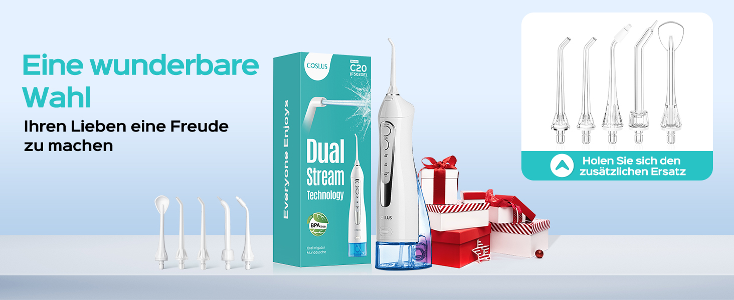 Бездротовий портативний душ COSLUS: 300 мл, IPX7, 5 насадок, для інтенсивного очищення та догляду за порожниною рота, ідеальний для подорожей