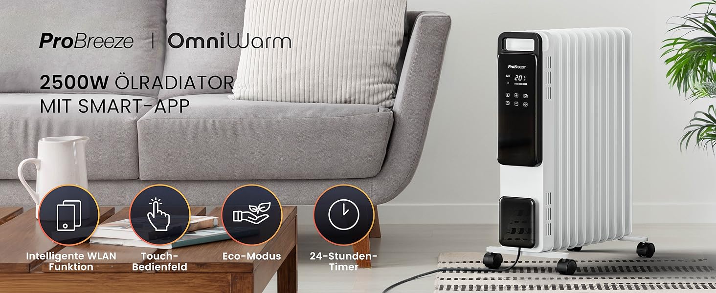 Електричний масляний радіатор Pro Breeze OmniWarm 2500W з 11 секціями - енергоефективний обігрівач з термостатом, таймером та сенсорним дисплеєм