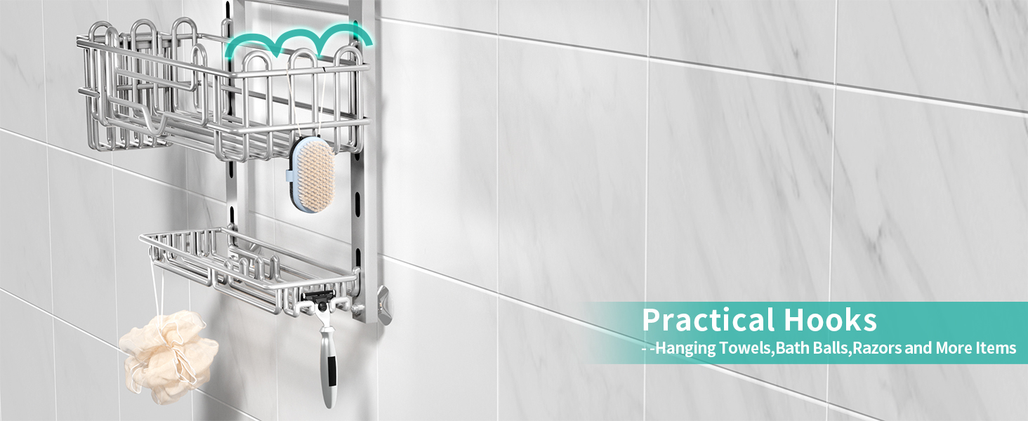 Настінна поличка для душу HapiRm з 4 ярусами, 22 гачками та 2 тримачами для зубних щіток (срібна)