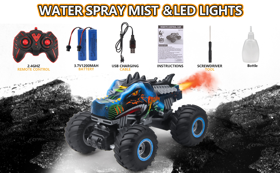 Радіокерований позашляховик Динозавр 1:16 RC Monster Truck з розпилювачем, музикою, LED-підсвіткою, 2.4GHz, 20км/год для дітей від 3 років