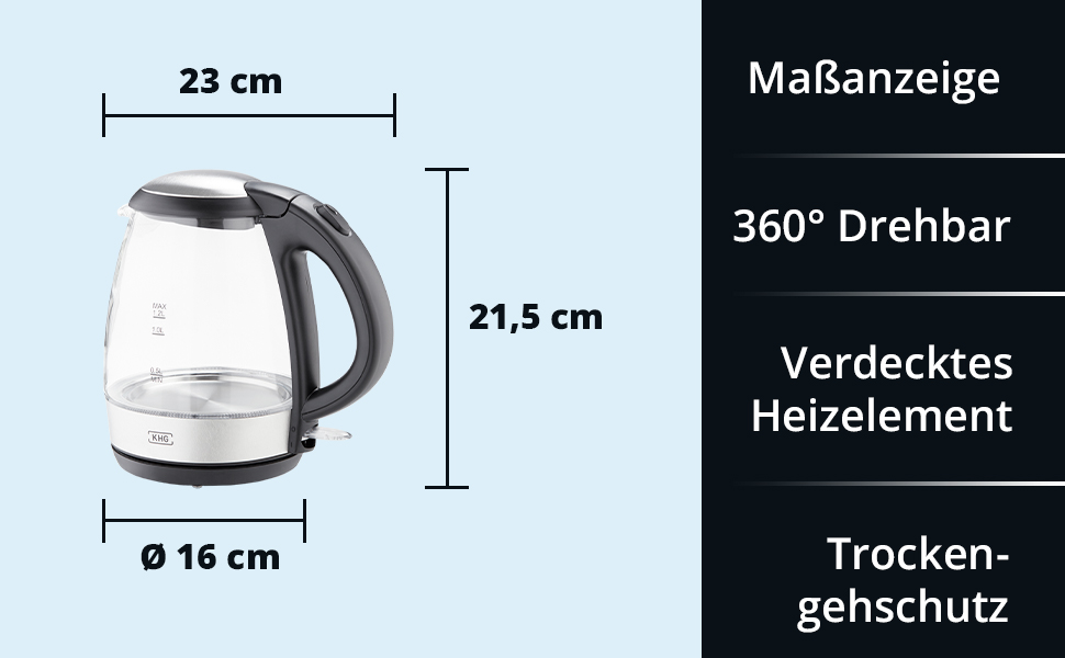 Склянка для чайника KHG WK-1715GES. Світлодіод, 1,7 літра, фільтр від накипу, захист від википання та автоматичне вимкнення, прихований нагрівальний елемент, без бісфенолу А, 2200 Вт (1200 мл)