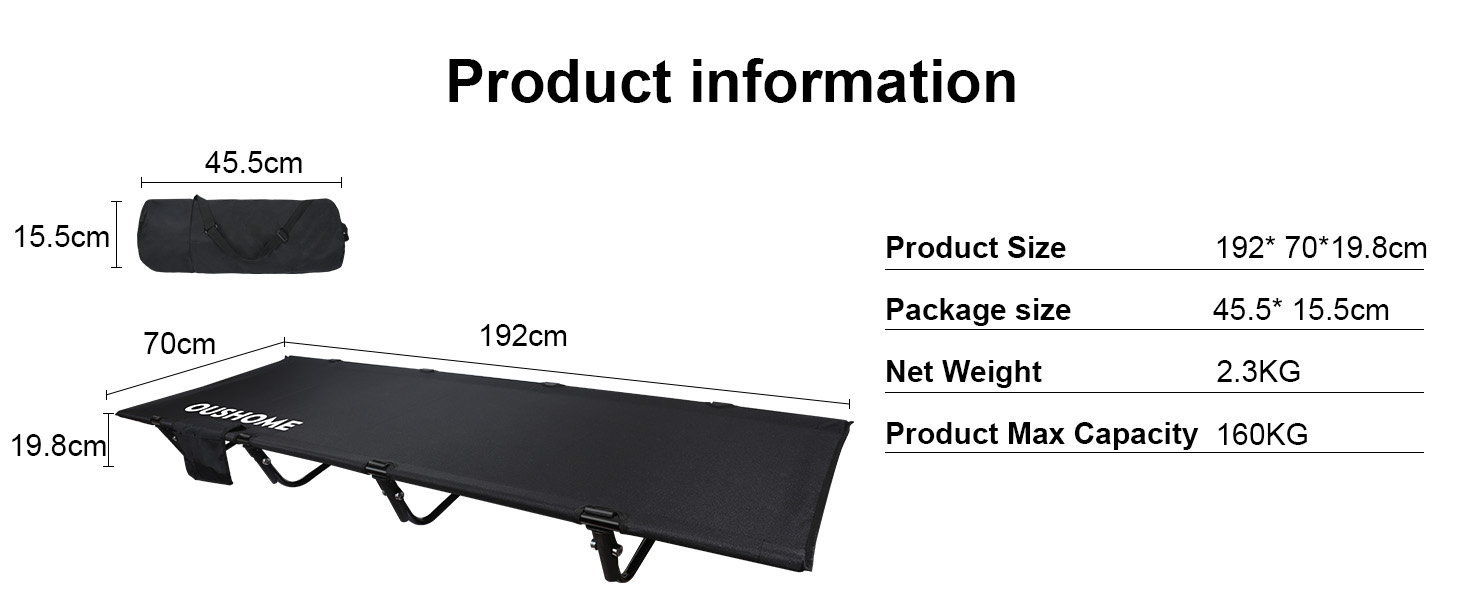 Польове ліжко для кемпінгу Ultraleicht, складане розкладне ліжко для відпочинку на природі та дому, максимальне навантаження 160 кг, чорне