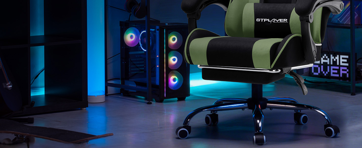 Ігровий крісло GTPLAYER з масажем, підніжка, підголовник, поперекова подушка, оббивка з тканини, білий/зелений
