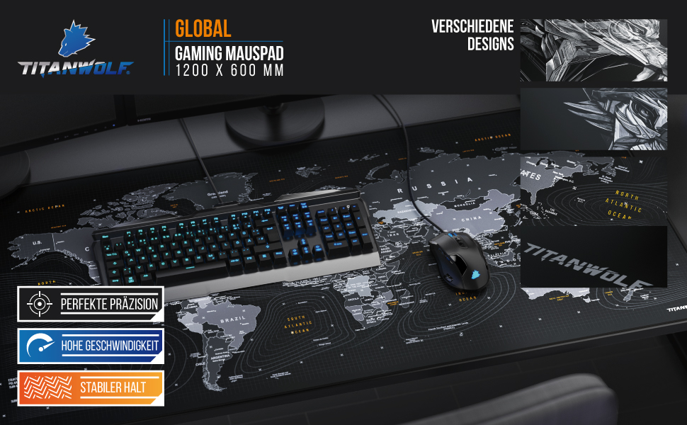 Килимок для миші Titanwolf XXL 1200x600 мм з картою світу - великий, для геймінгу, покращує точність та швидкість, сумісний з Logitech