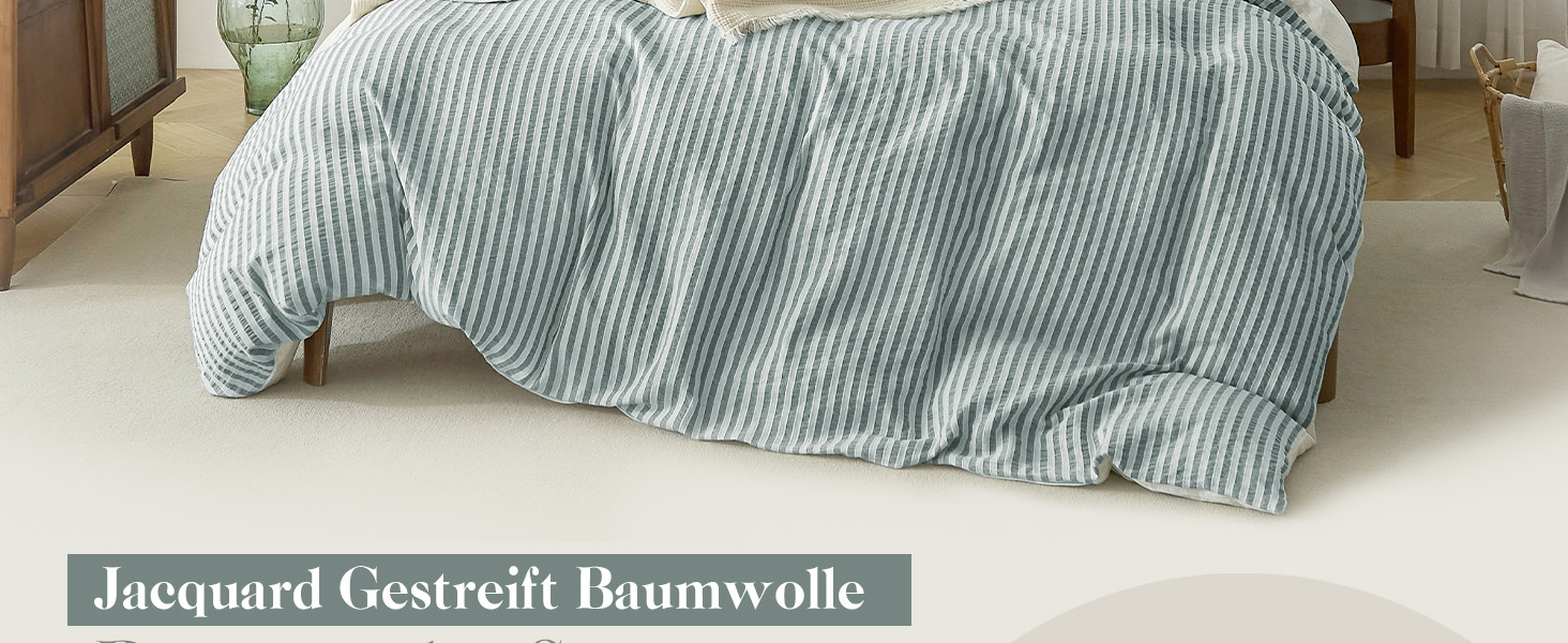 Набір постільної білизни SOULFUL 200x200, бавовна, смугастий дизайн, джакард, екологічна бавовна, бохо стиль, преміум якість, сертифікат Öko-Tex 100, колір деним (темно-зелений & білий), 4-елементний комплект (2x 135*200 см | 2x 80*80 см)