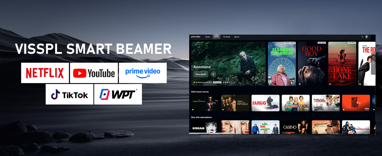 Смарт-проектор VISSPL 4K Full HD 1080P, 1000 ANSI люмен, WiFi 6, Bluetooth, автофокус та корекція трапецієподібних викривлень, для домашнього кінотеатру та використання на відкритому повітрі (Чорний)
