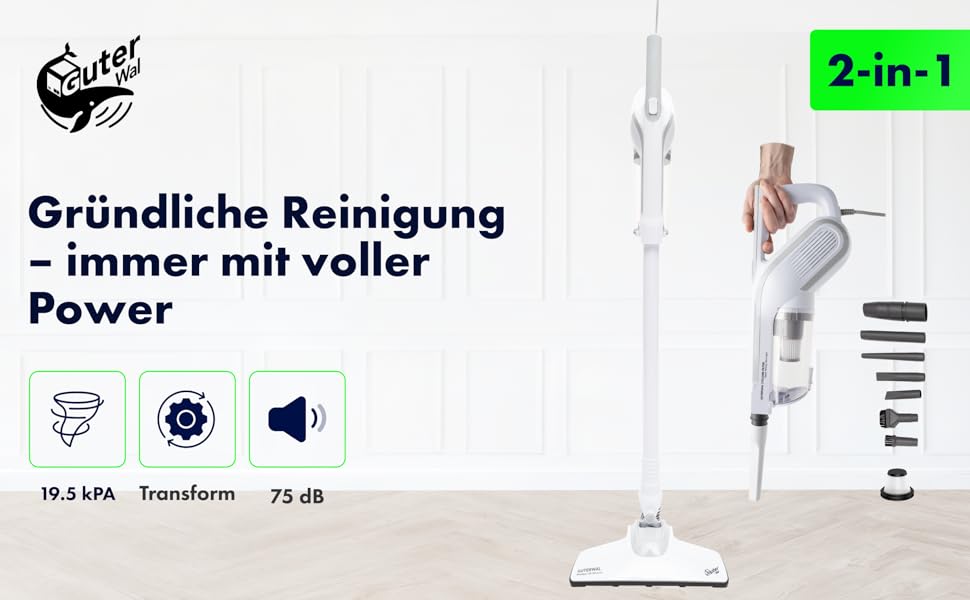 Пилсос GuterWal S14: 19,5 kPa, 1,7 кг, 1 л контейнер, 650 Вт, 5 м кабель. Ручний та підлоговий пилосос для дерева, плитки та килима