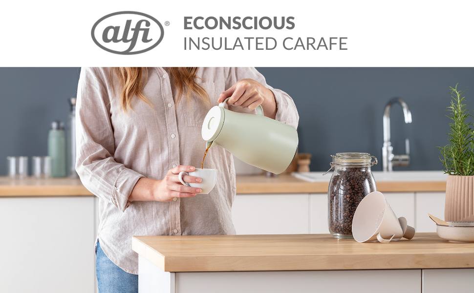 Термос Alfi ECONSCIOUS 1.0л, туманно-зелений, з ізоляцією, з вбудованим скляним вставкою, з біо-пластику, з кришкою-вертушкою, з кнопкою, для зручного наливання однією рукою, ідеальний для кави та чаю, без BPA
