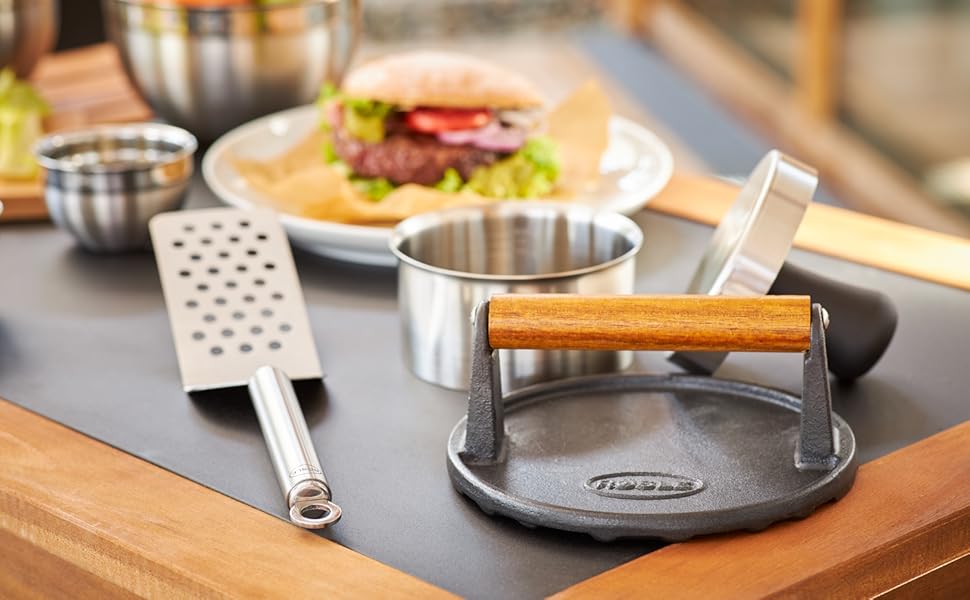 Набір для приготування бургерів RÖSLE 3-в-1 з пресом, вагами та лопаткою, нержавіюча сталь 18/10, чавун з емалевим покриттям