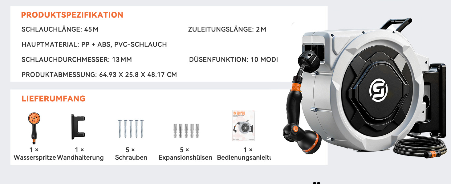 Шланговий барабан SUNPOW настінний 30м для саду, тераси та двору. Автоматичний намотувач, поворотна стійка 180°, 10 функцій розпилення, діаметр 16 мм.