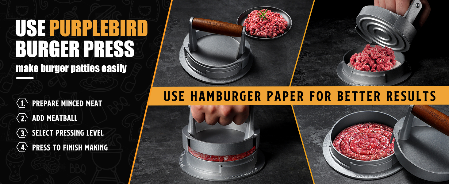 Пресс для бургерів PURPLEBIRD з алюмінію, 10.8 см, регулювання товщини, з дерев'яною ручкою | Прес для паті, гамбургерів, BBQ
