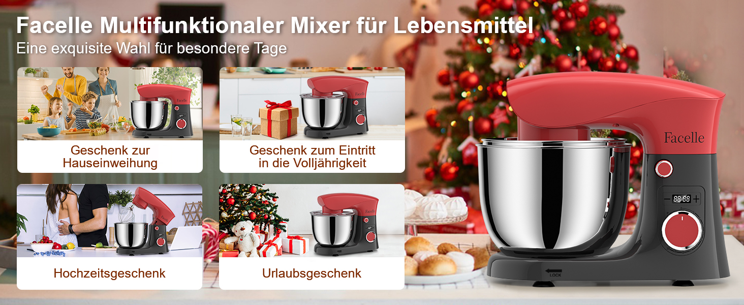 Кухонна машина-міксер Facelle 1500W з чашею 5.5L/4.5L, 10+ програм, тиха робота, з набором насадок (червоно-сірий)