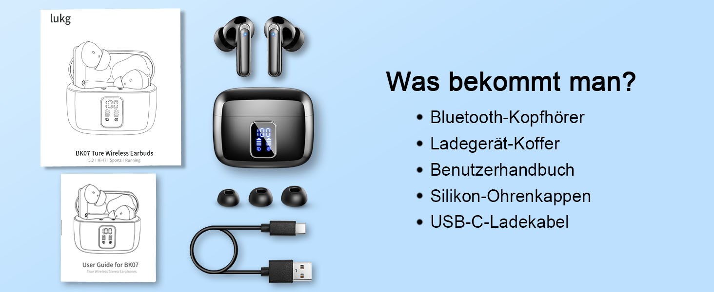 Навушники-вкладиші Bluetooth 5.3, 4 мікрофони ENC, баси 48 годин, водонепроникність IP7, світлодіод (темно-чорний)