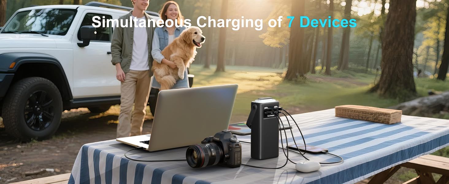 Портативний зарядний акумулятор 60000mAh 45W з LED-дисплеєм та ліхтариком, 7 виходів, чорний. Powerbank для кемпінгу та подорожей