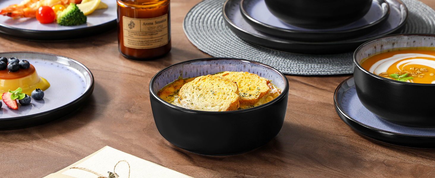 Набір посуду Steingut vancasso AMBER на 6 осіб (24 шт.): тарілки, супові тарілки, десертні тарілки, миски, реактивна глазур, колір фіолетовий, безпечний для миття в посудомийній машині