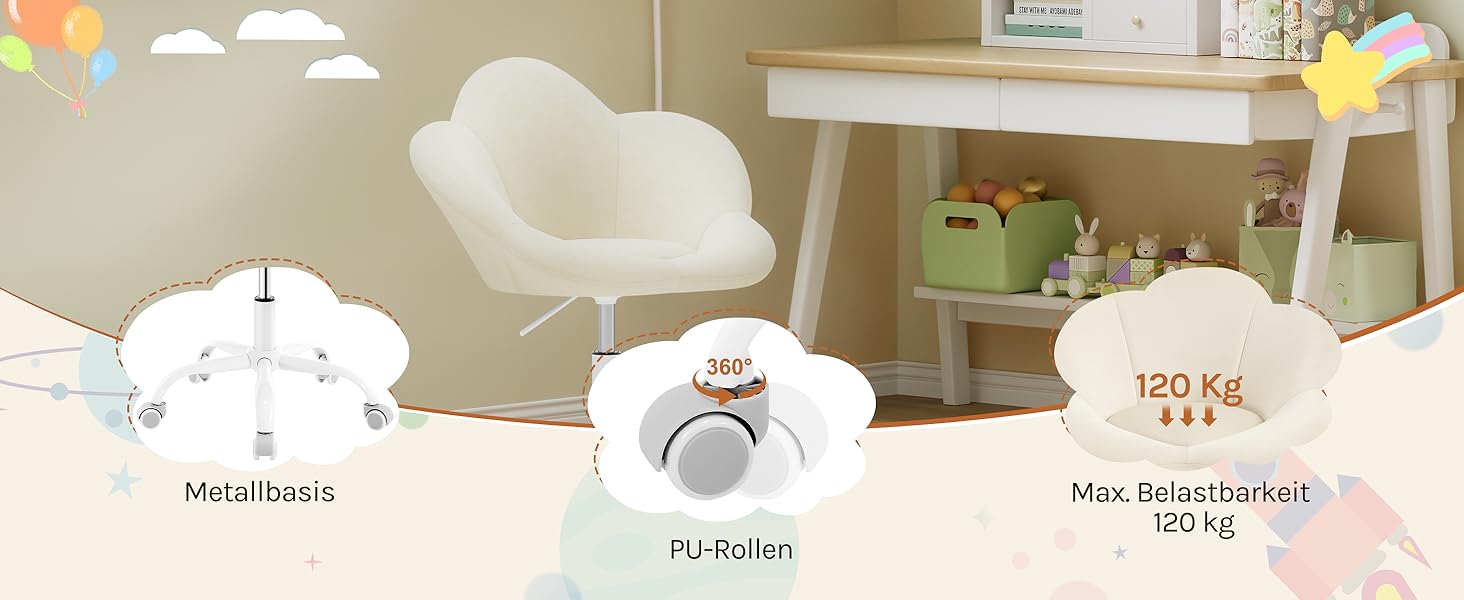 Дитячий стілець WOLTU для столу, комп'ютера, косметичного столика, регульований по висоті, оксамит, бежевий для дитячої кімнати та дому