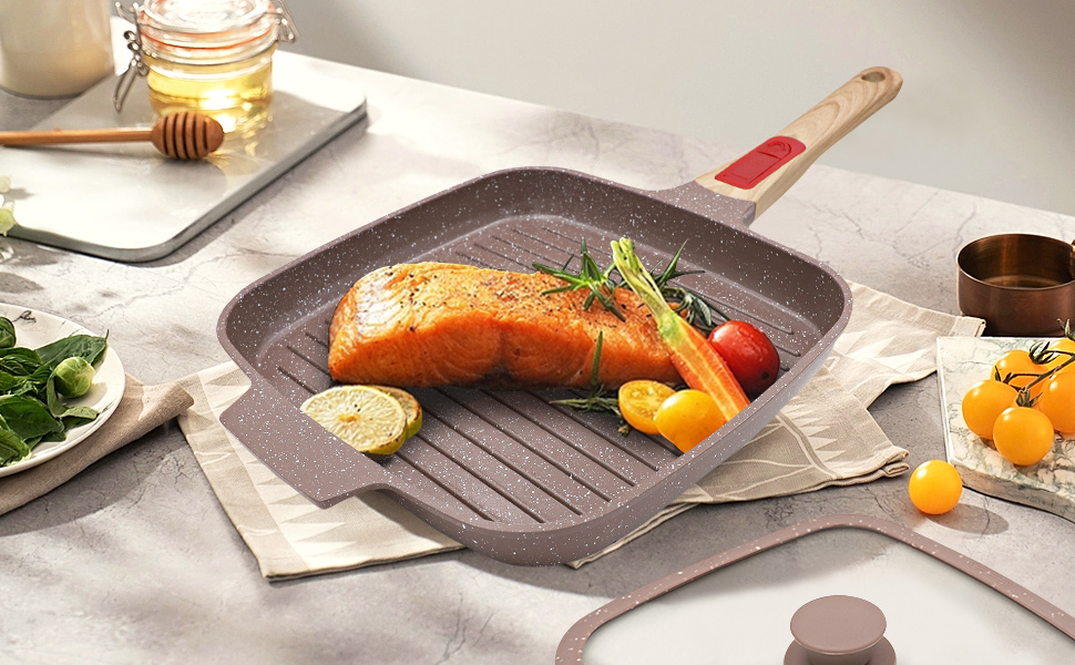 Гриль-сковорода з кришкою для індукційних плит 26 x 24 см, антипригарне покриття з кераміки, гриль-сковорода з знімним ручками, для всіх типів плит, коричнева