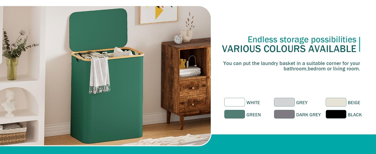 Кошик для білизни Youdenova з кришкою, великий, 160л, бамбук/дерево, сортувальник, білий