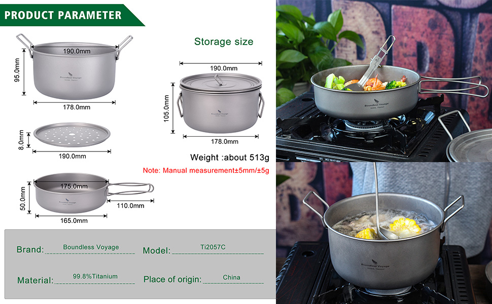 Набір посуду iBasingo Titan для кемпінгу: каструля 1.9L та сковорода 900ml з кришкою. Легкий, портативний, з кришкою, для приготування їжі на відкритому повітрі та вдома. Ti2057C