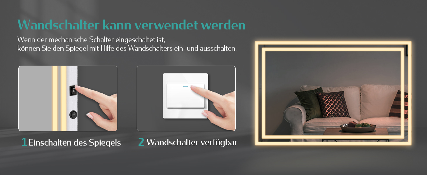 Дзеркало для ванної кімнати EMKE з підсвічуванням 50x60 см, з вимикачем-кришкою, антивміст, 2 кольори світла (тепле/холодне), LED, горизонтальне/вертикальне встановлення
