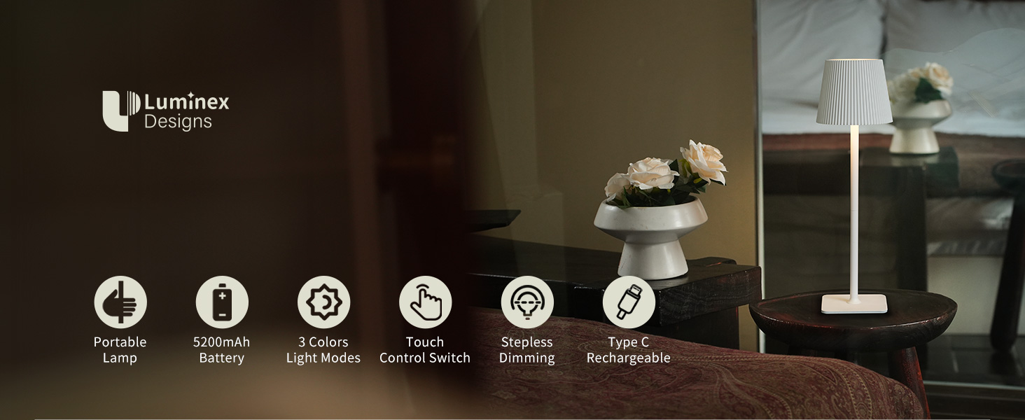 Стійка LED лампа LuminexDesigns бездротова з акумулятором 5200mAh, диммування, IP54, для дому та саду, 3000K/4500K/6000K, білий