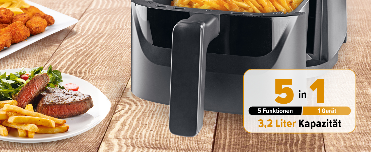 Аерофритюрниця GOURMETmaxx 3.1Л, 1350 Вт: мультифункціональна фритюрниця без олії з 6 програмами, таймером на 60 хв та функціями розморожування та підігріву
