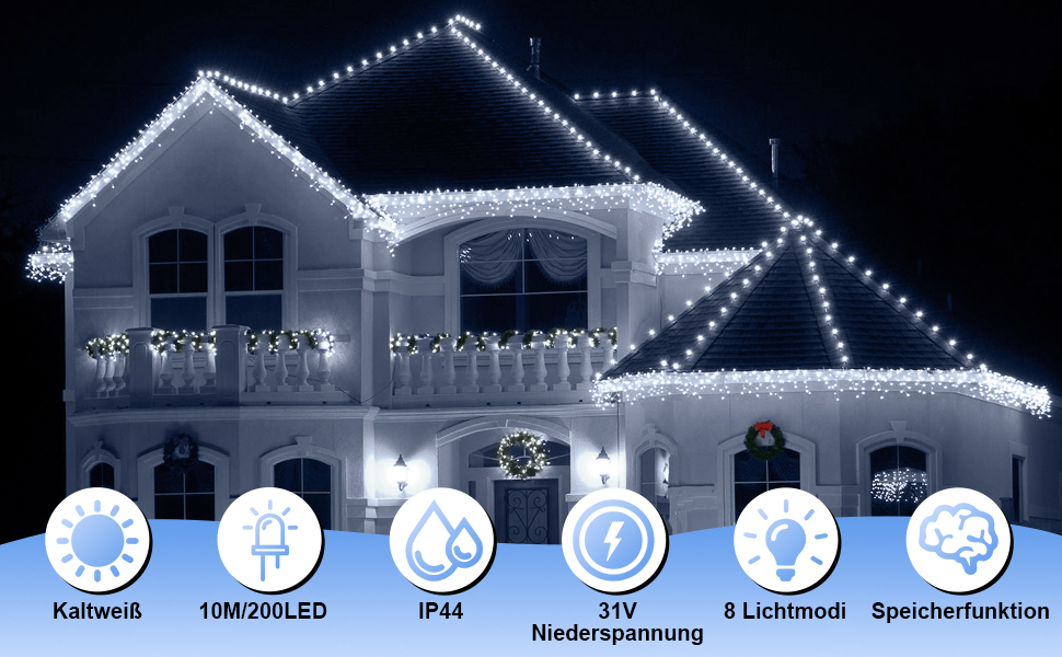 Струнні ліхтарі Eulenke Eisregen 200 світлодіодів, 8 режимів, пам'ять, для урочистостей, таких як Різдво та весілля, 10 м, холодний білий