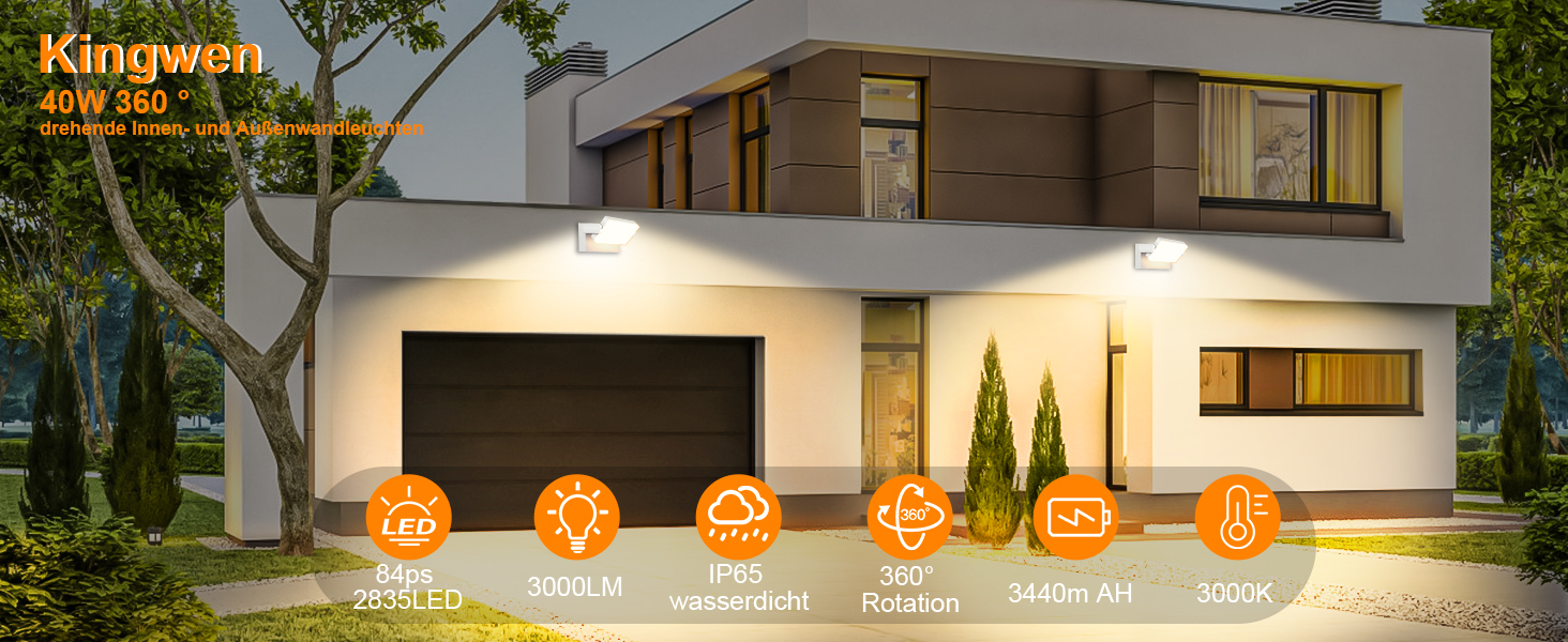 Стіна LED-світильник Kingwen 40W, зовнішній та внутрішній, поворотна панель 360°, водонепроникний IP65, тепле біле світло 3000K, чорний, для гаража та тераси