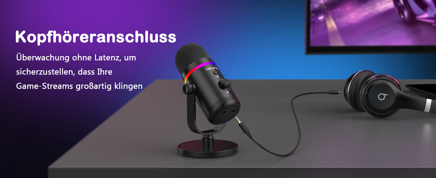 TECURS Мікрофон USB для ігор з RGB підсвічуванням, шумозаглушенням та студійним звуком – для стрімінгу, подкастів, PC, Mac, PS4, консолі, чорний