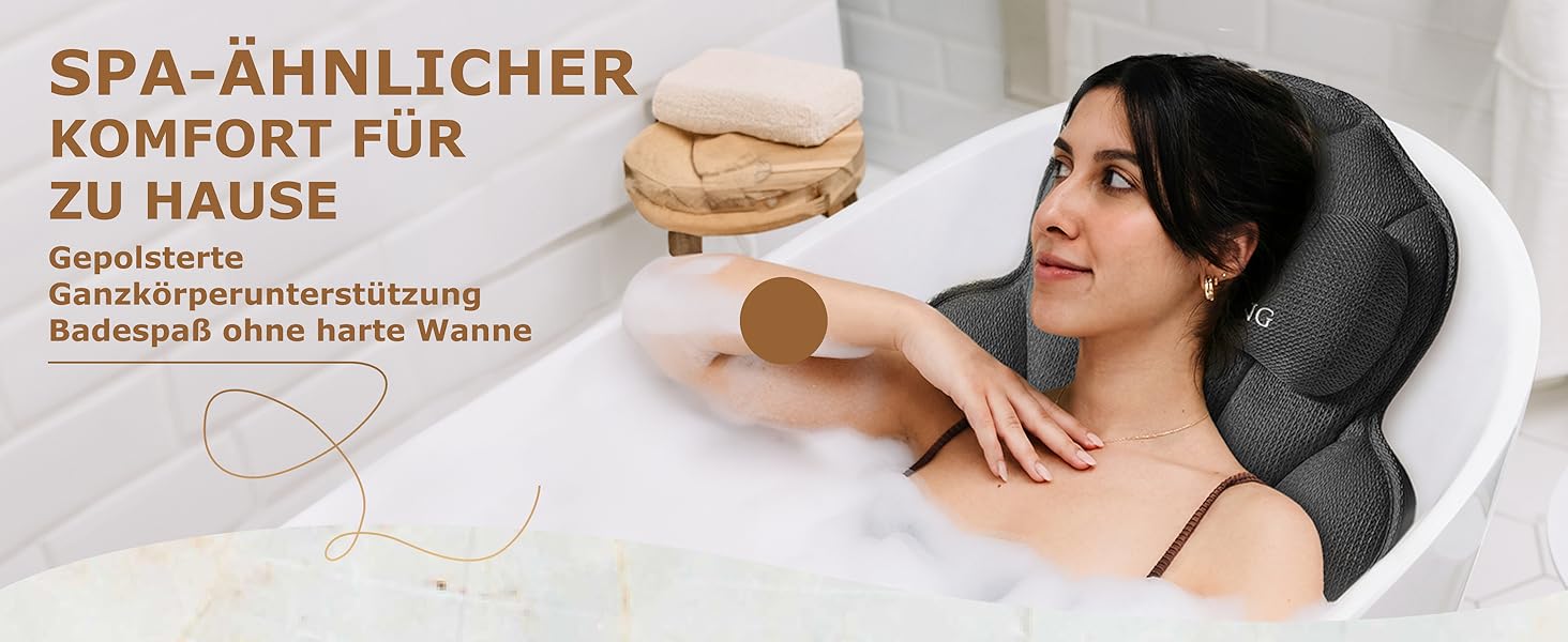 Подушка для ванни повномірна (152x56 см) з підголівником (11 см) чорного кольору – підтримка шиї, спини та ніг. Зі сумкою для прання та подорожей, гачком для сушіння.