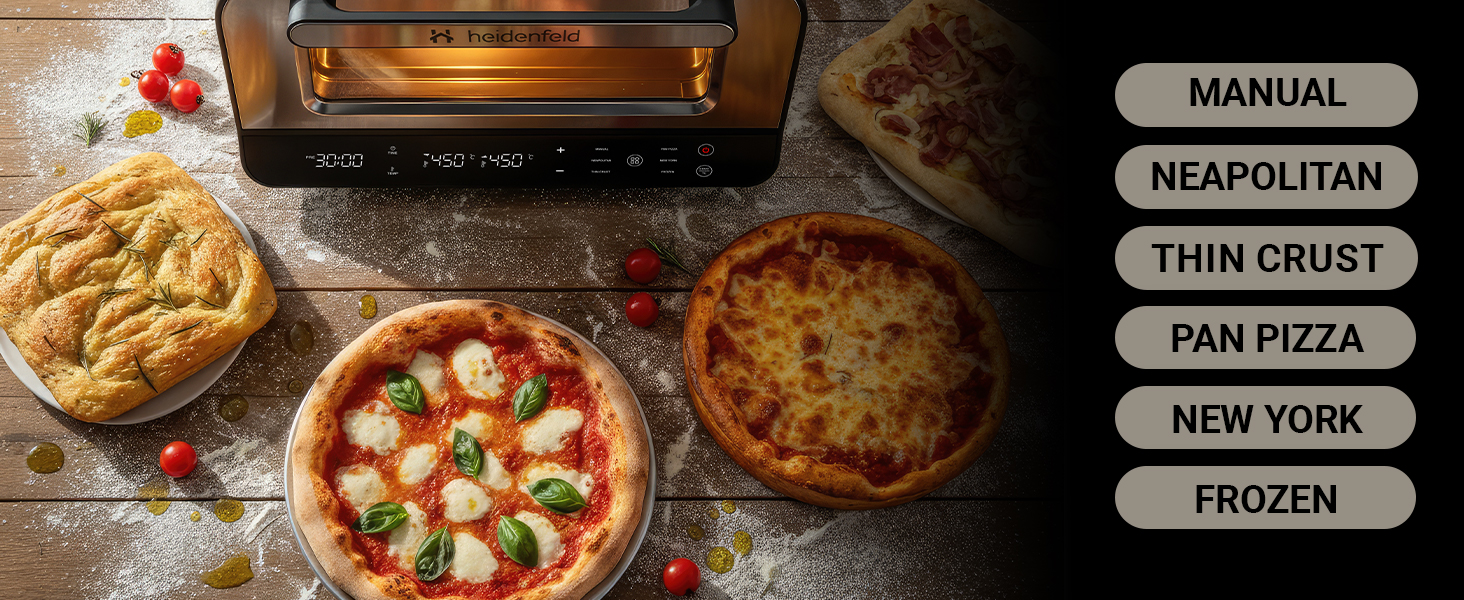 Електрична піч для піци Heidenfeld Pizzaboss, 1850 Вт, до 450°C, повний набір, сріблясто-чорний