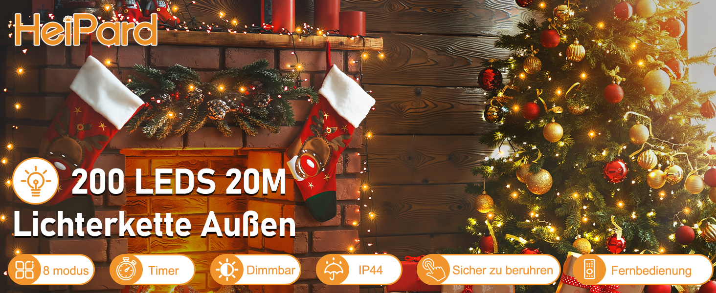 Гірлянда світлодіодна для прикрашання ялинки та фасаду будинку, 20 метрів, 200 LED, 8 режимів, з пультом, таймером, димуванням, вологостійка, тепле біле світло