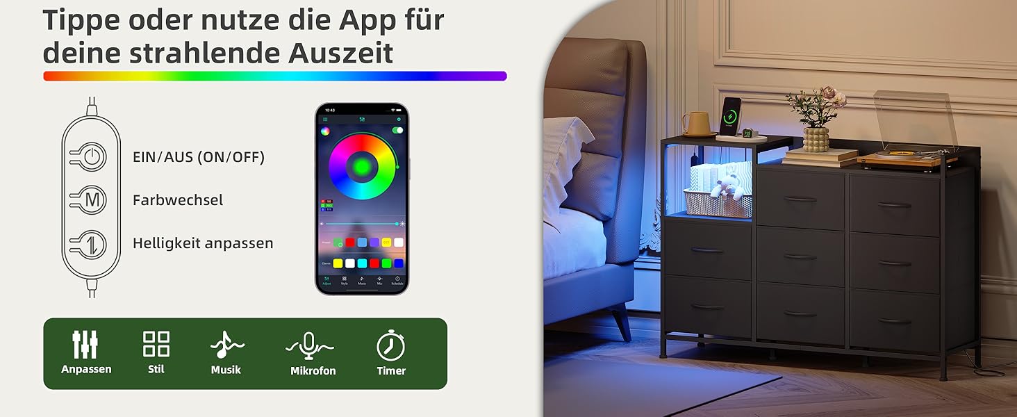 Комод Somdot з висувними ящиками для спальні, вітальні, передпокою з LED-підсвічуванням та розетками (2 AC, 1 USB, 1 Type-C), 5 тканинних ящиків, білий, 29T x 66,5B x 70,5H cm (Чорний, 29T x 99B x 70.5H cm (8 ящиків))