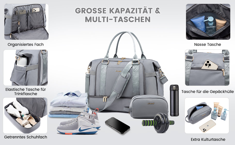 Спортивна сумка LOVEVOOK для подорожей, жіноча дорожня сумка Weekender з косметичкою, відділенням для взуття та мокрих речей, водонепроникна, 37L, сіра