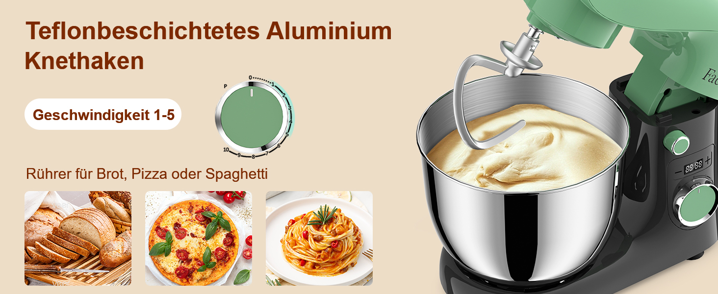 Кухонна машина-міксер Facelle 1500W з великою чашею 5.5/4.5л, 10+ програм, тиха робота, набір насадок (зелено-сірий)