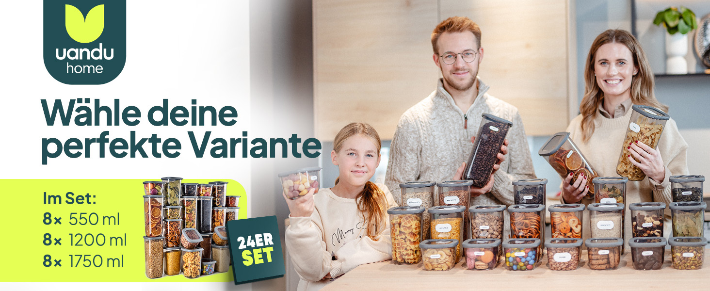 Набір контейнерів для зберігання Uandu 24 шт. з кришкою, герметичні | Контейнери для кухні, організація | Без BPA | Організатор для кухні | Для сухих продуктів, сірий мікс