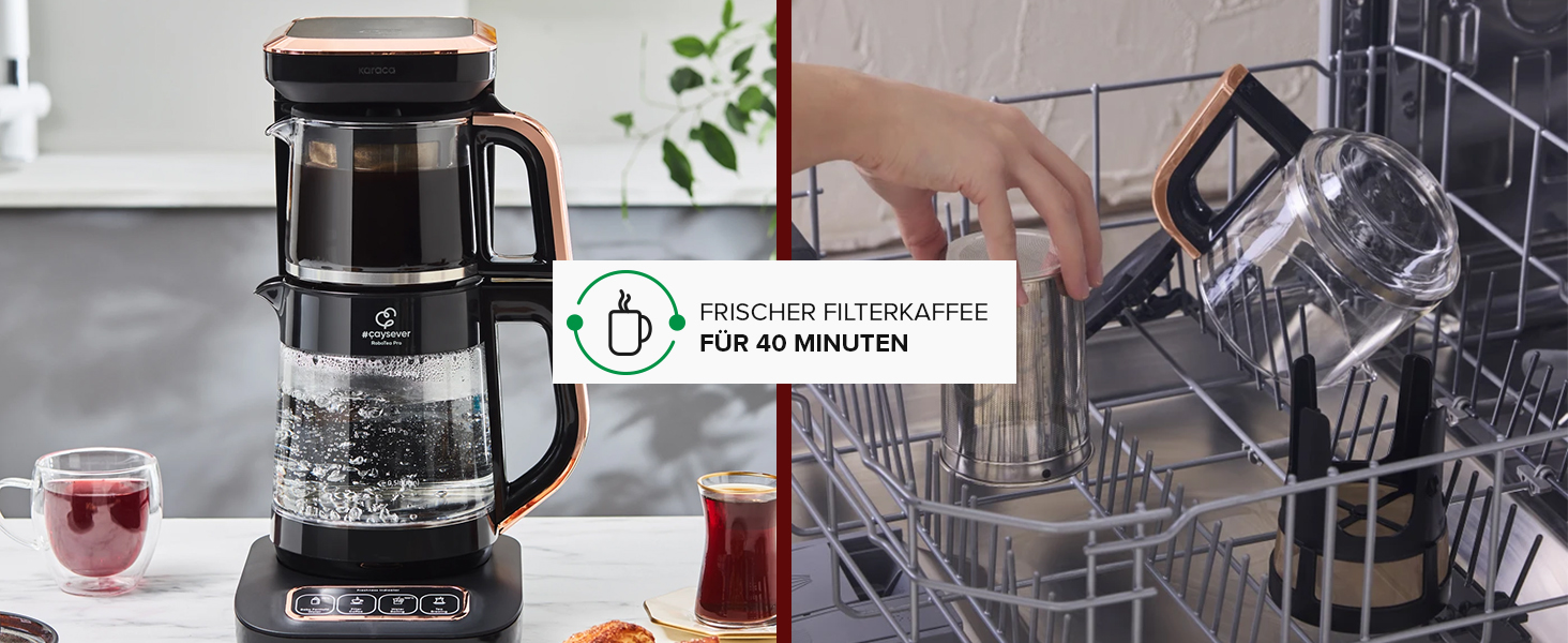 Чайоварка-робот Karaca Çaysever Pro 4-в-1: чайник, кавоварка, фільтр-кавоварка, 2500W, чорний & хром, з індикатором свіжості та голосовими підказками (великий, хром)