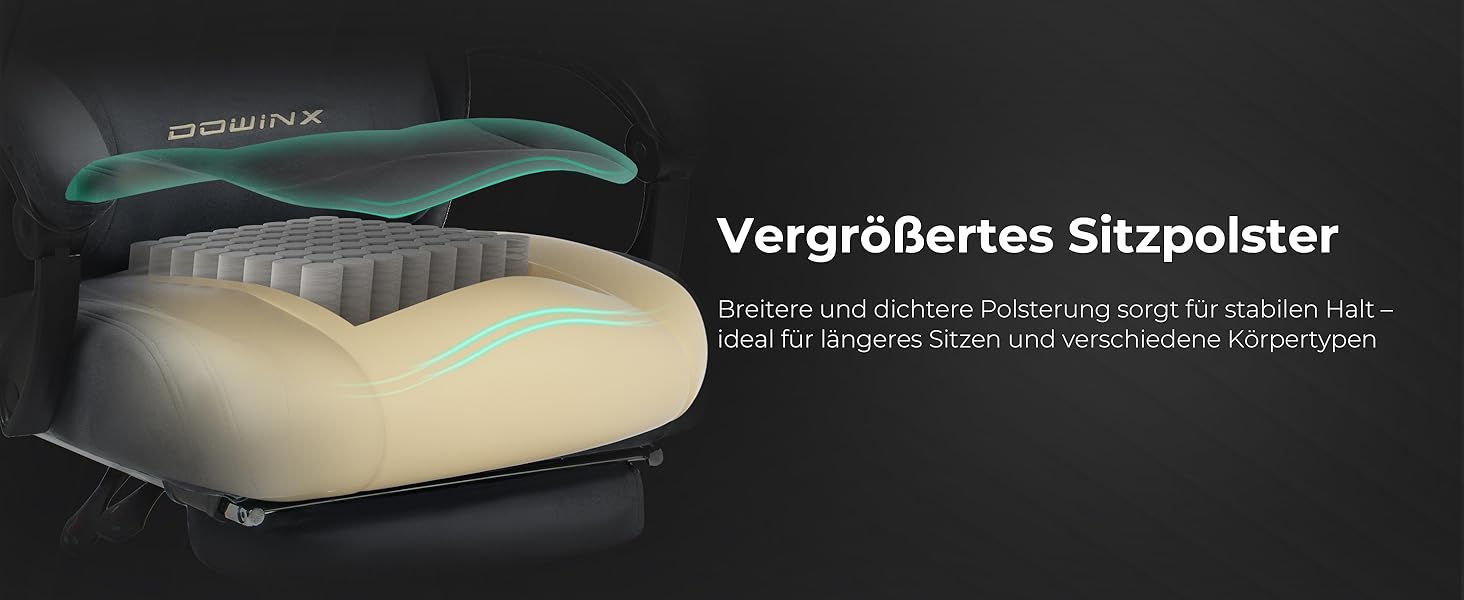 Ігрове крісло Dowinx з масажем попереку, регульованою підголівником, потовщеним сидінням, висувною підніжкою, регульованими підлокітниками, мікрофібровим велюром, нахилом 160°, темно-сіре