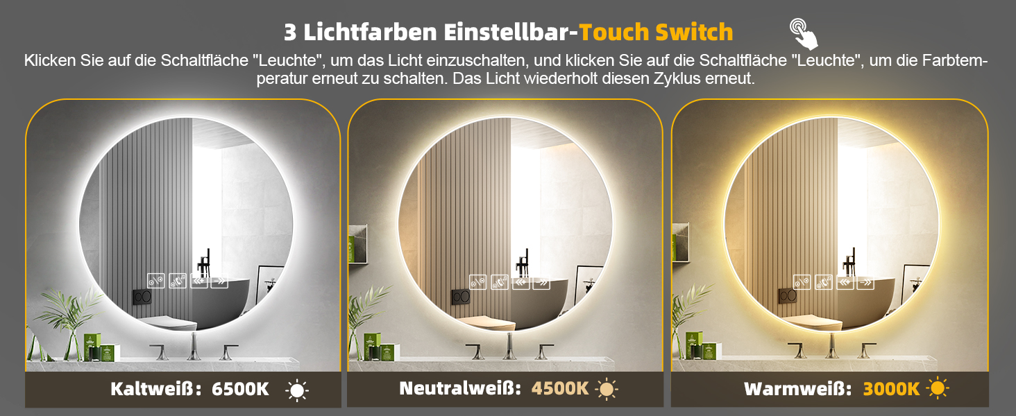 Дзеркало Bellanny LED з підсвічуванням 60 см | Настінне дзеркало для ванної кімнати, дзеркало для макіяжу | Дзеркало для макіяжу з сенсорним вимикачем, 3 кольори світла, регулювання яскравості, проти запотівання, IP44, горизонтальне/вертикальне (Bluetooth)