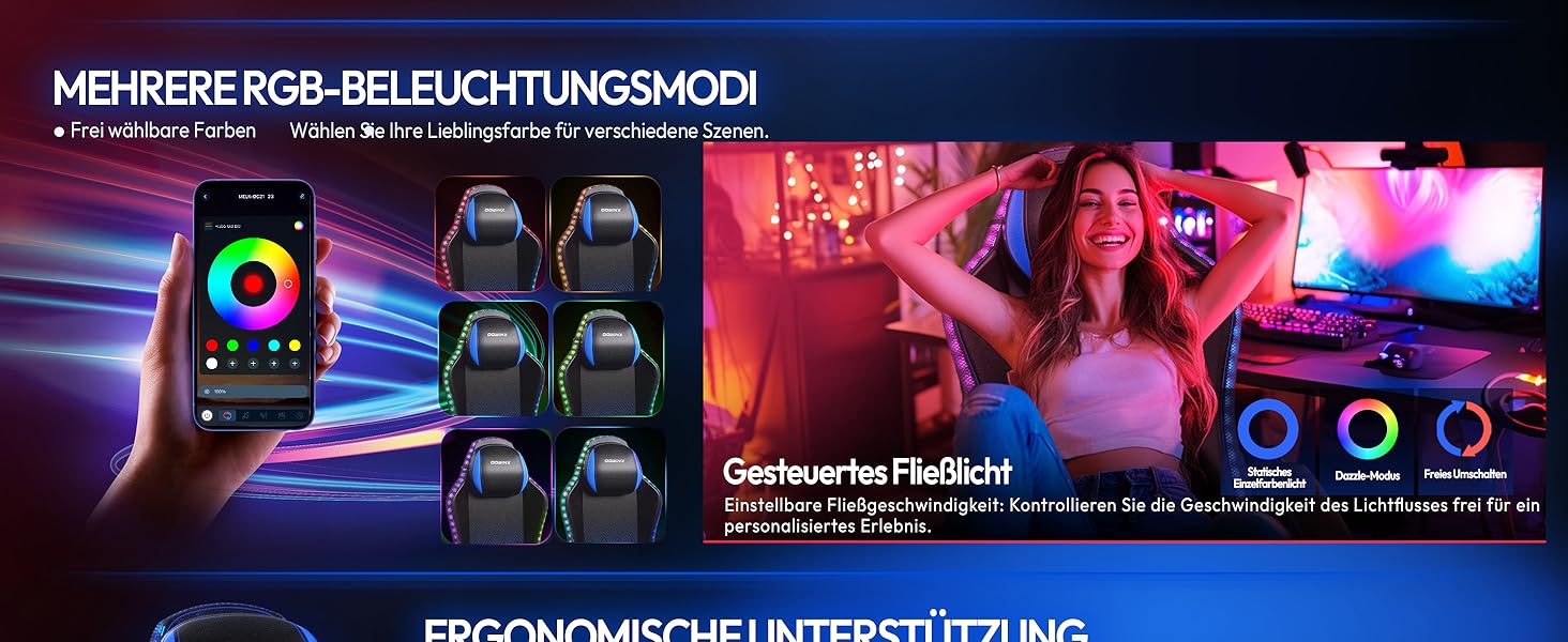 Ігровий крісло Dowinx з RGB підсвічуванням, LED, з підніжкою, для дорослих, ергономічний, з масажем попереку, PU шкіра, білий (блакитний)