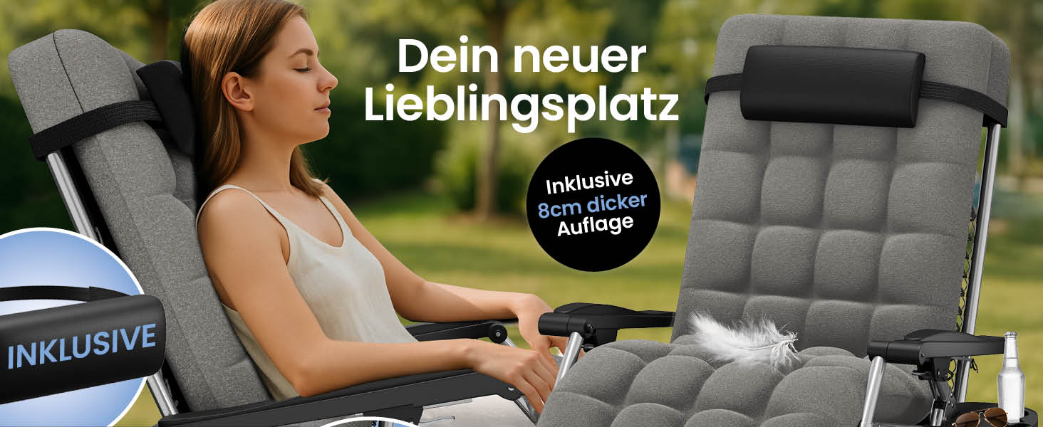 Лежак для відпочинку ELONEO: розкладний, з преміум-подушкою, стійкий до погодних умов, широка спинка, регульована, з подушкою для шиї та тримачем для напоїв (сірий)