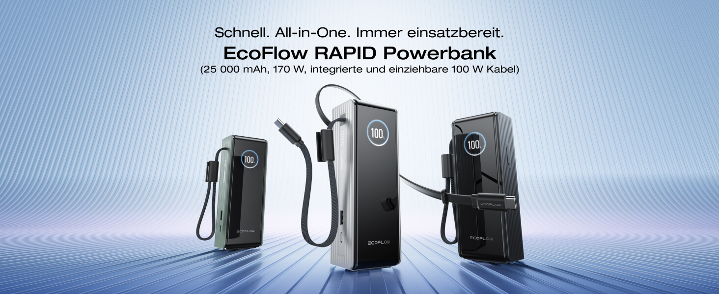 EcoFlow Rapid Powerbank 25000 mAh 170W з вбудованим кабелем, чорний - портативний зарядний пристрій для iPhone, Samsung, MacBook та інших пристроїв
