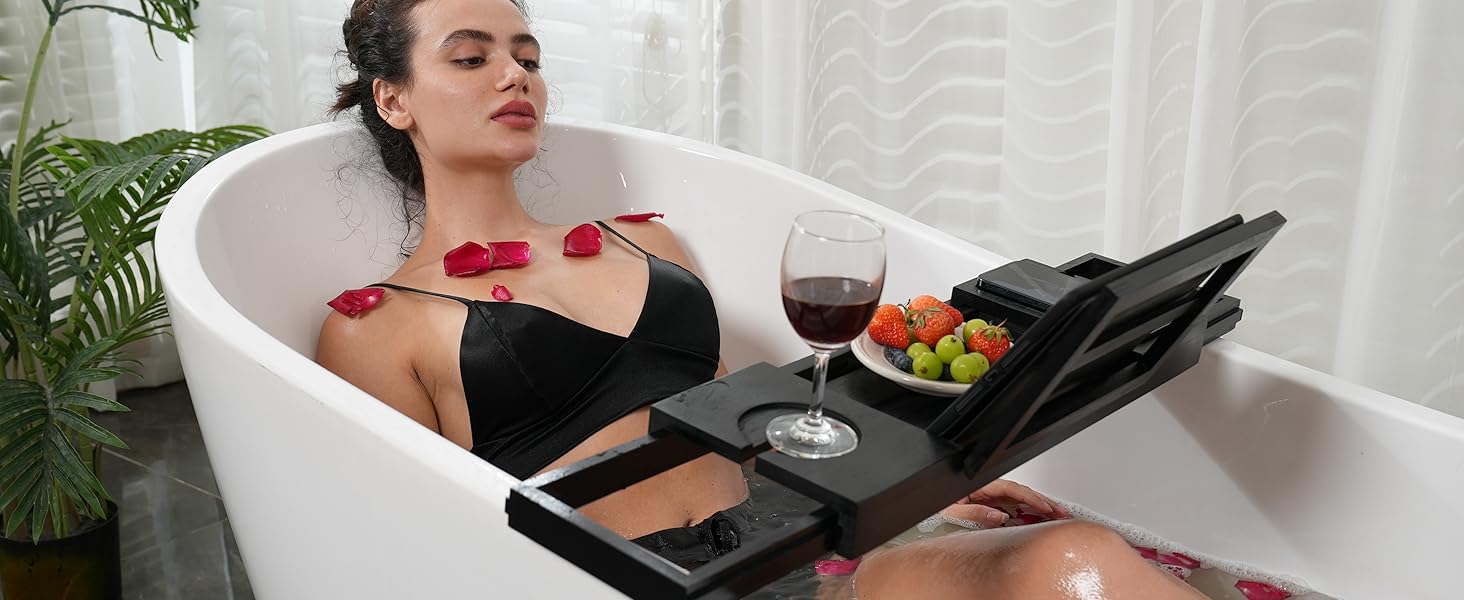 Підставка для ванни Utoplike з бамбука, регульована, органайзер для ванної кімнати з тримачем для книги, планшета, келиха, чашки, рушника, чорного кольору, 50.5 x 18 x 4.4 см