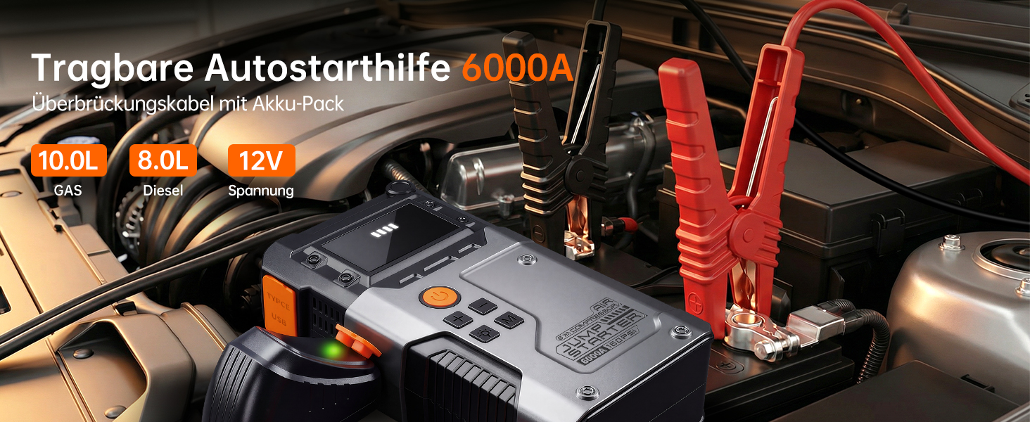 Бустер для автомобіля Starthilfe Powerbank 6000A — Пусковий пристрій для всіх типів авто, чорно-сірий