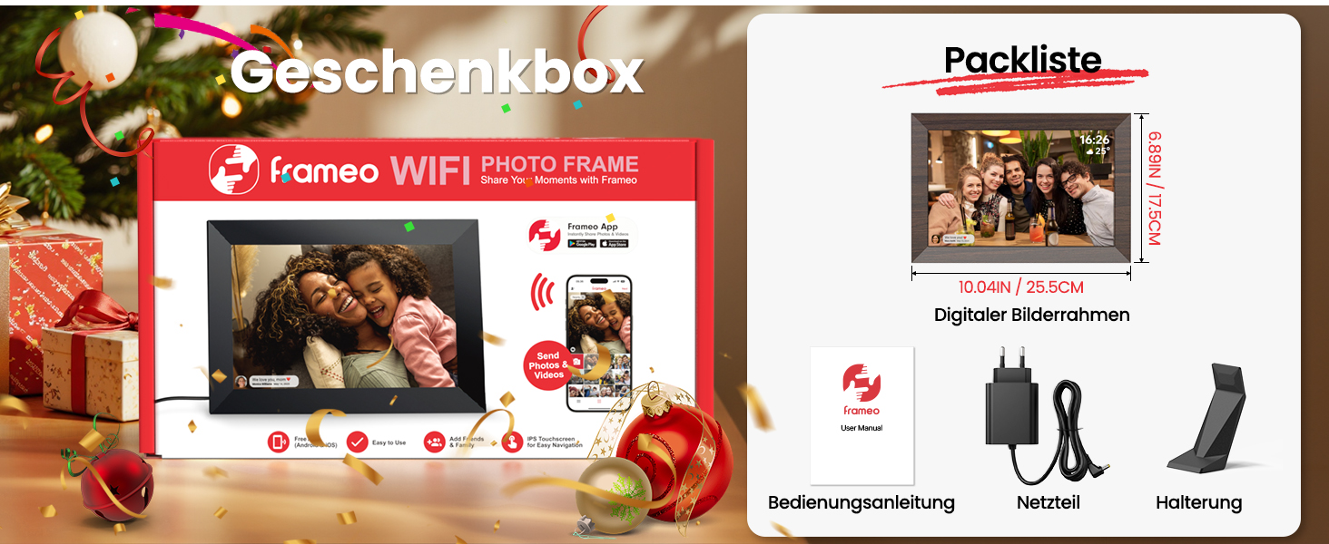 Frameo Цифровий фоторамка WiFi, 10.1 дюйма, HD IPS сенсорний екран, 32 ГБ пам'яті, автоматичне обертання, хмарна підтримка, віддалене завантаження фото та відео