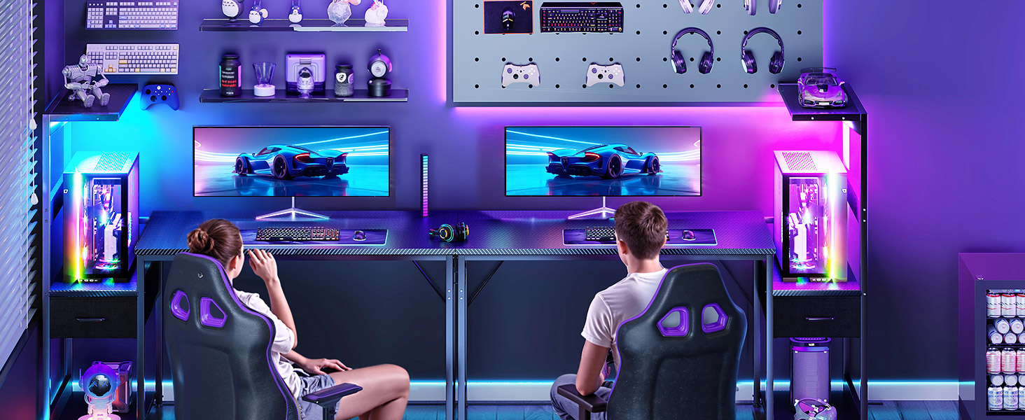 Ігровий стіл Coleshome з LED-підсвічуванням 120x48 см, з шухлядами та полицею, з підставкою для навушників, карбонове покриття чорного кольору