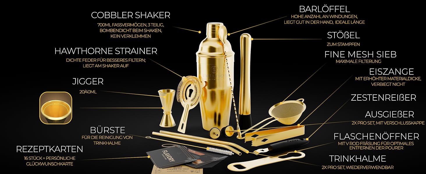 Набір для коктейлів Cobbler 700мл з нержавіючої сталі, професійний шейкер для барменів з підставкою та рецептами, класичний набір (Gold)